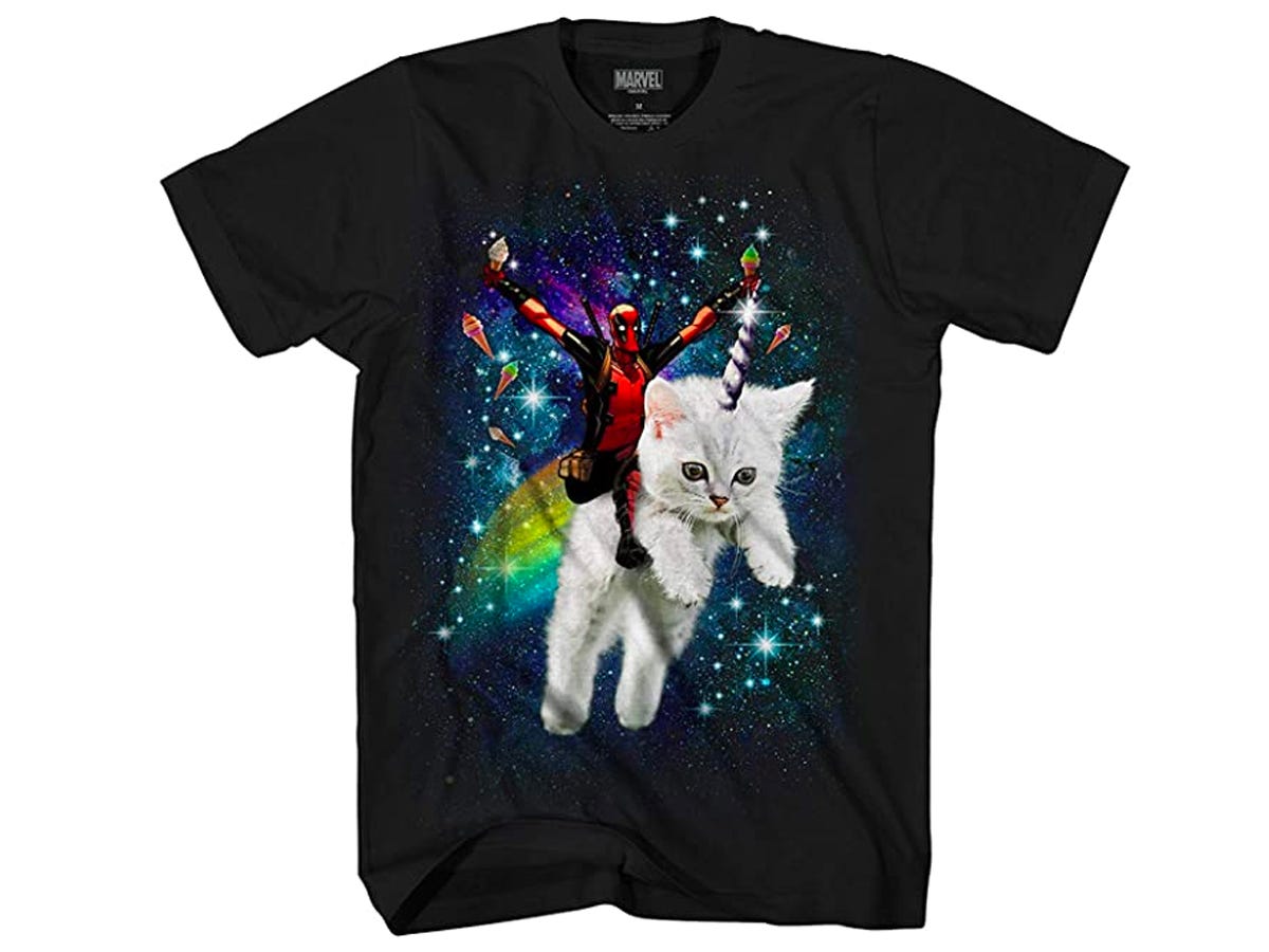 black T-shirt of Deadpool riding on a unicorn kitty with a rainbow background