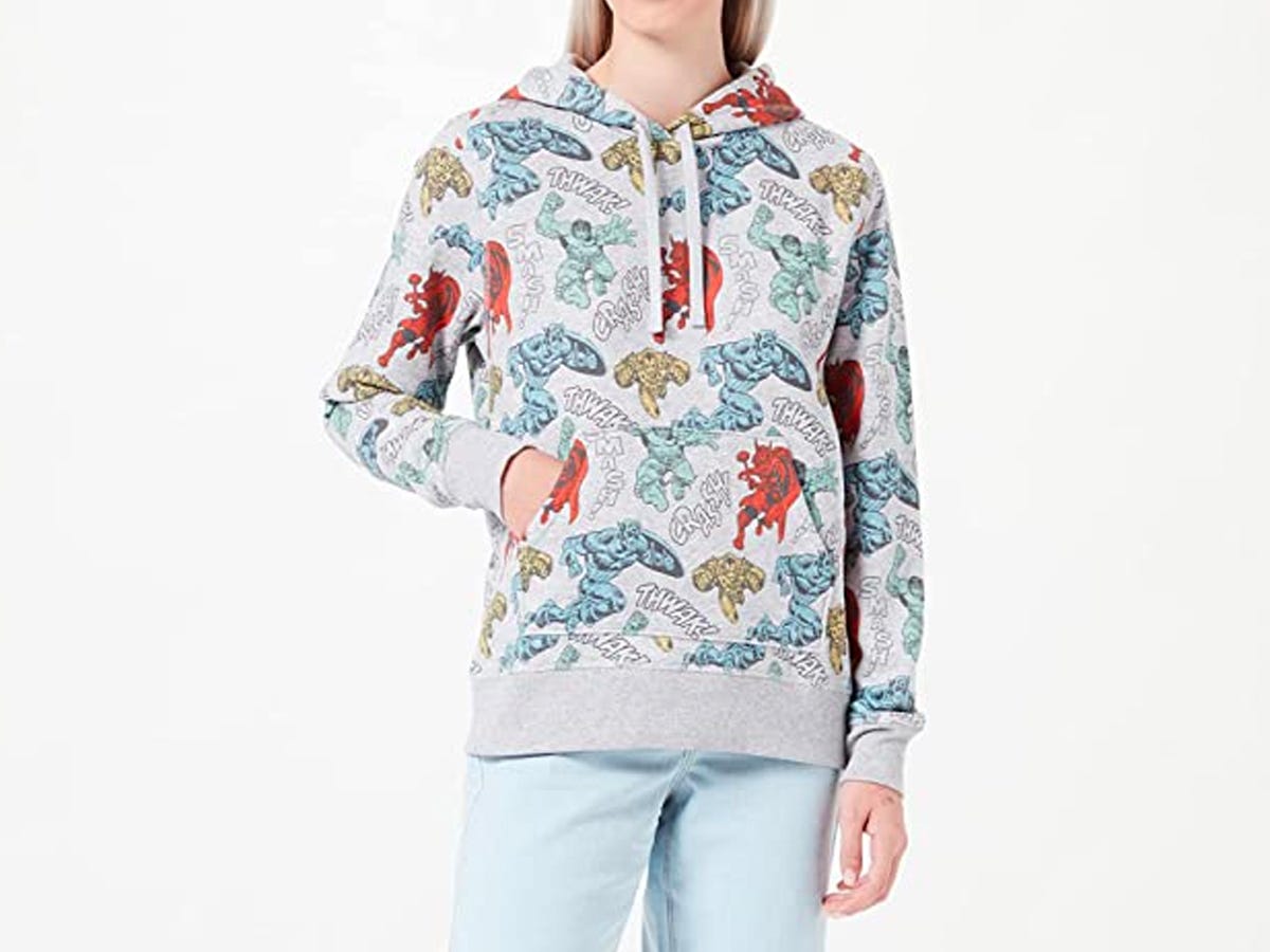 Marvel comic characters on a grey hoodlie