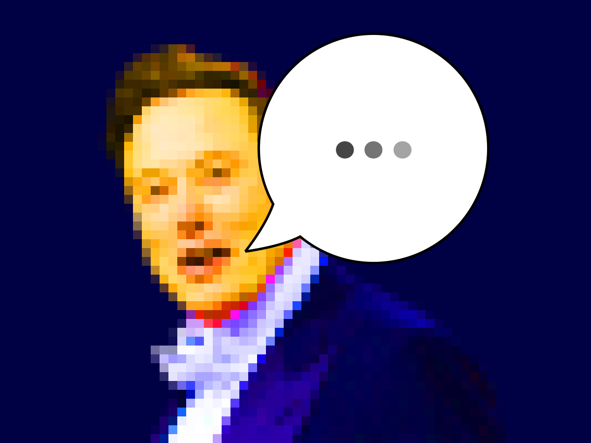 A pixelated image of Elon Musk is seen with a graphic of a chat bubble near his mouth.