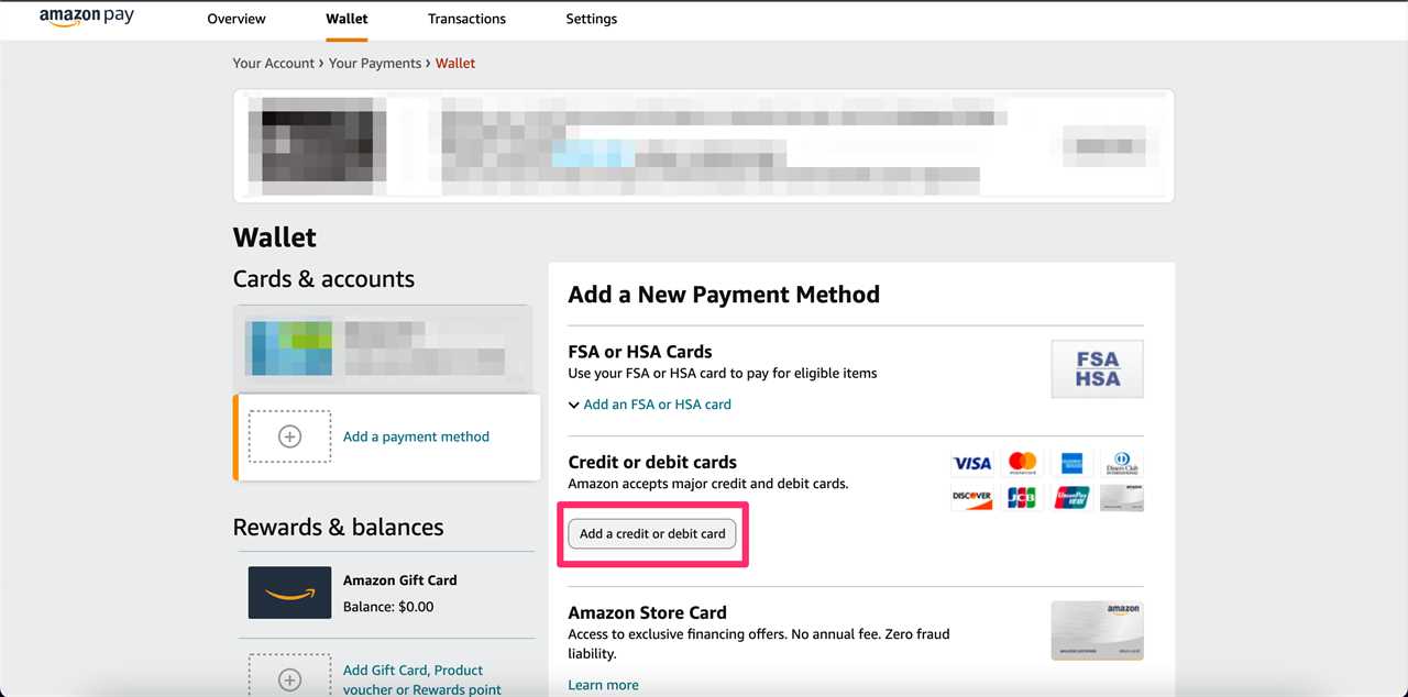 Desktop view of the “Add a New Payment Method” page with the ”Add a credit or debit card” button highlighted.