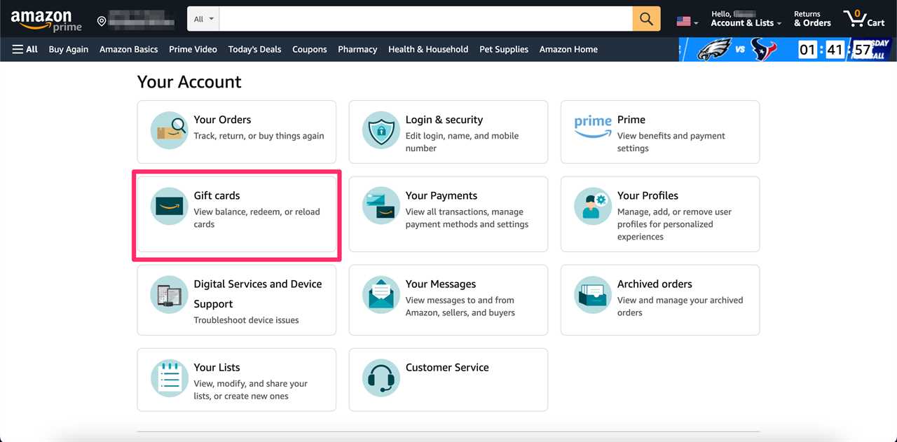 Desktop view of the “Your Account” page with the “Gift cards” tab highlighted.