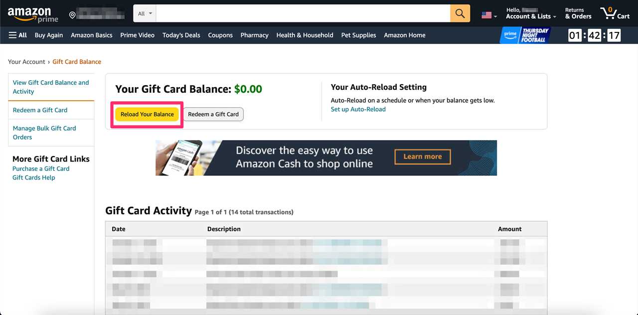 Desktop view of the “Your Gift Card Balance” page with the “Reload Your Balance” button highlighted.