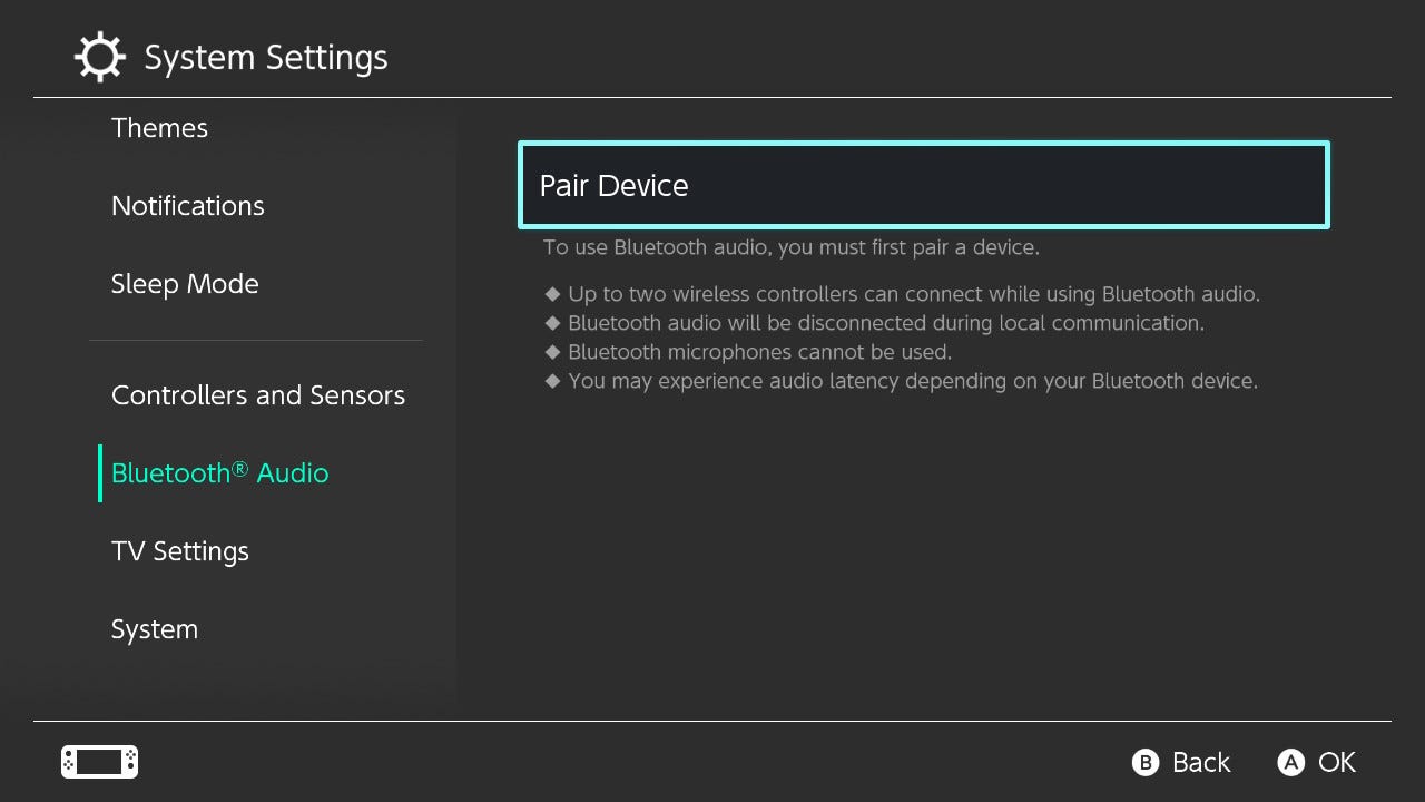 The Nintendo Switch's Bluetooth Audio screen.