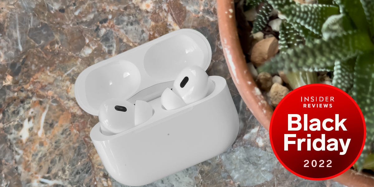 Black Friday 2022 Apple AirPods deal: Apple second-generation AirPods Pro staged on a counter next to a succulent.