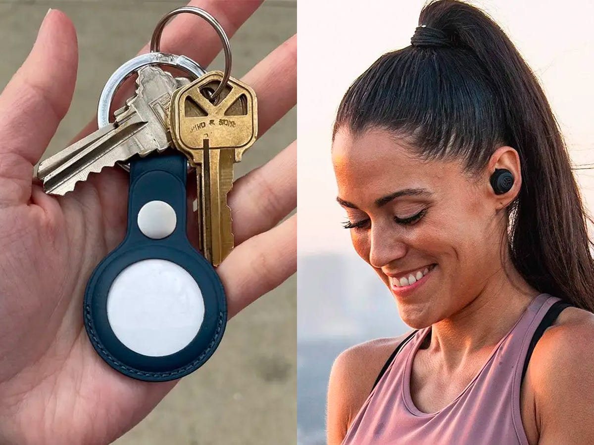 Side by side images of a person holding a set of keys with an AirTag tracker attached and a person smiling while wearing JLab JBuds Air True Wireless Earbuds.