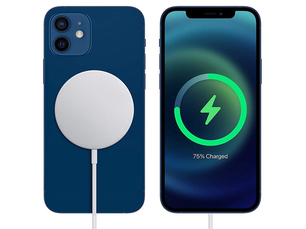 a Apple MagSafe Charger charges a blue iphone as one of the best tech products under $50