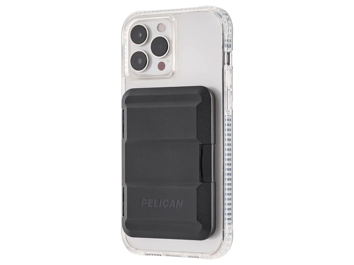a Pelican Protector MagSafe Wallet sits on the back of an iphone as one of the best tech products under $50