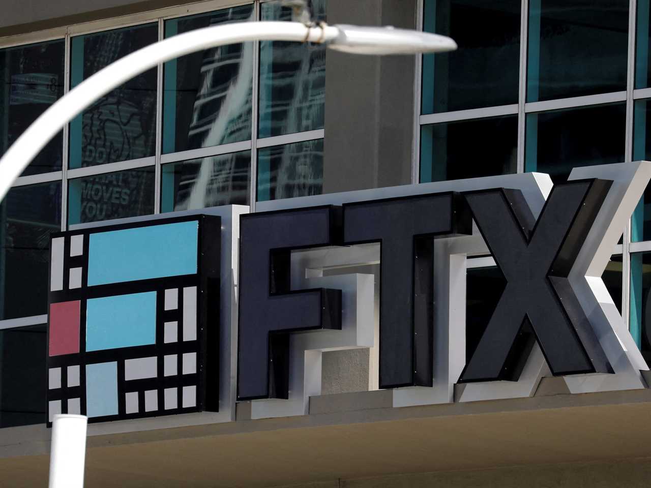 The logo of FTX is seen at the entrance of the FTX Arena in Miami, Florida, U.S., November 12, 2022.