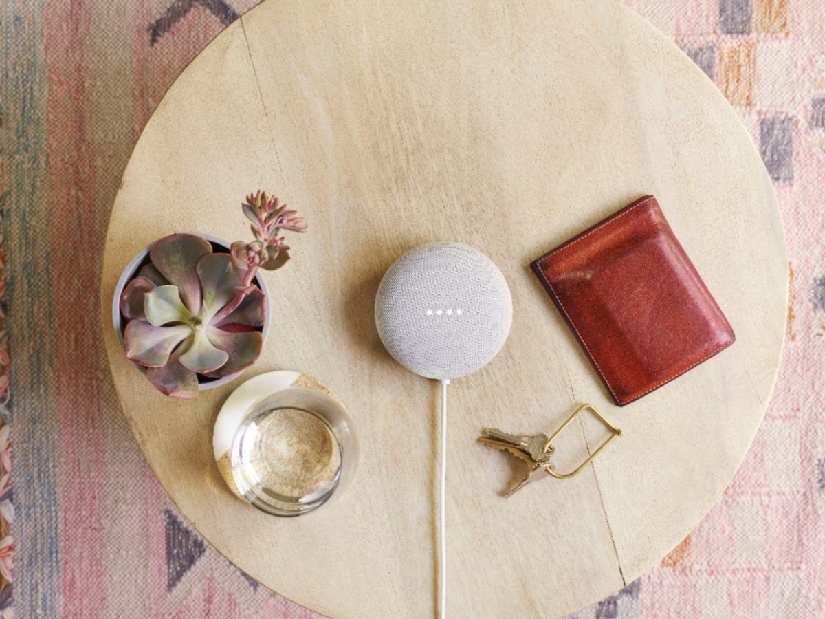 The Google Nest Mini (2nd Generation) staged on a table next to a wallet, keys, succulent, and glass.