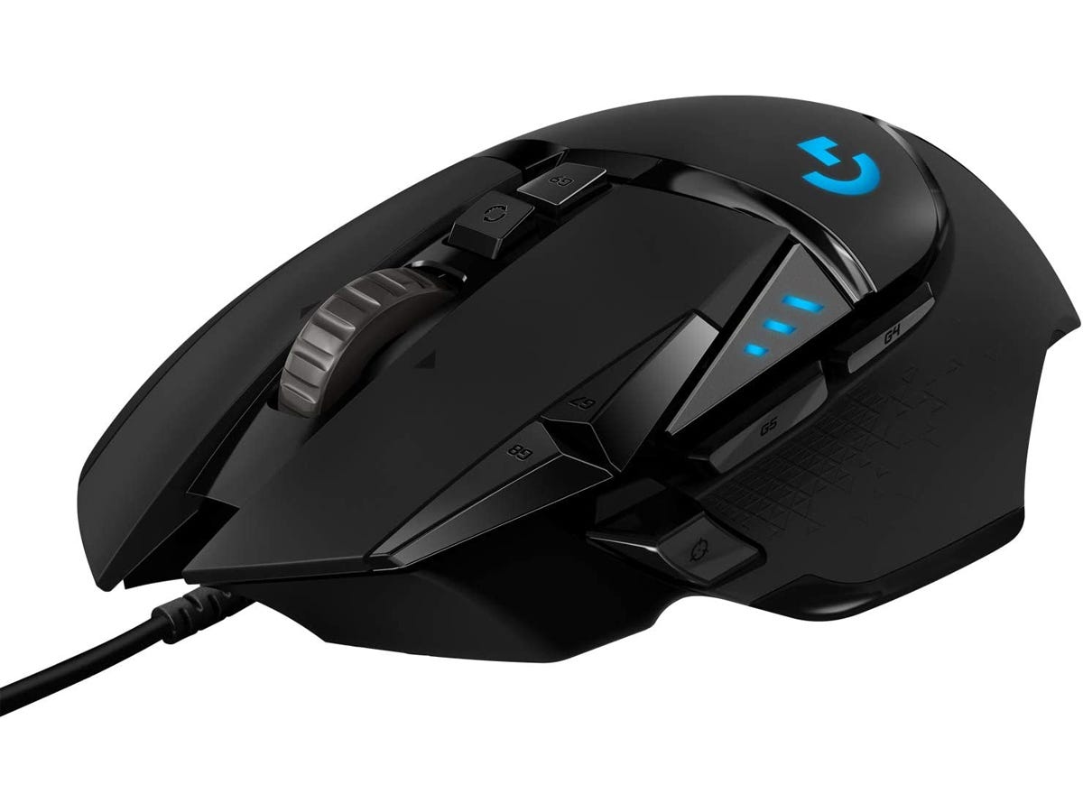 a Logitech G502 Hero Wired Gaming Mouse sits on a white background