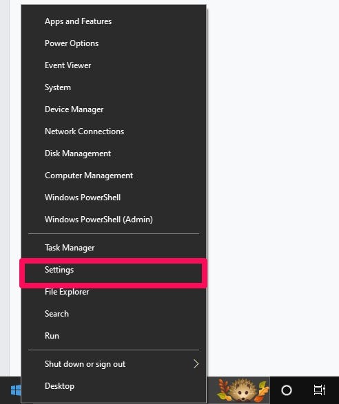 The menu that shows up when you right-click the Start button on Windows, with the Start button and the "Settings" option highlighted.