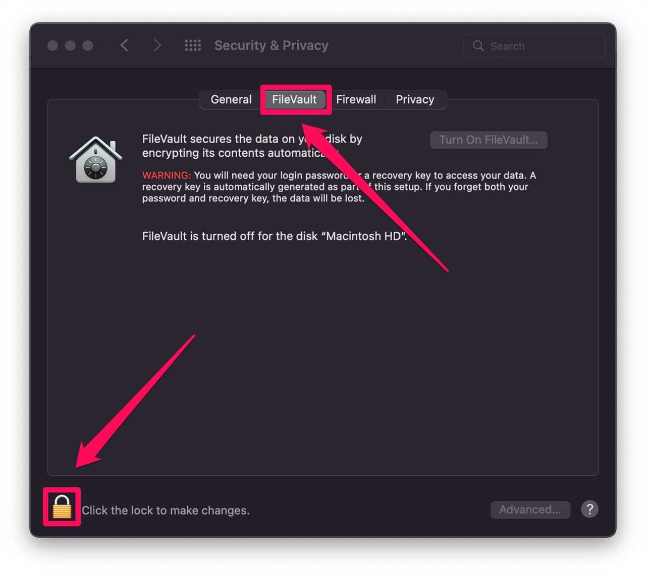 The "System & Privacy" window on Mac, with the "FileVault" tab and lock icon highlighted.