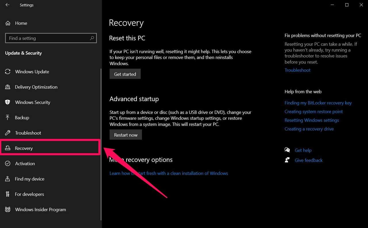 Windows Settings app, with the "Recovery" option highlighted.