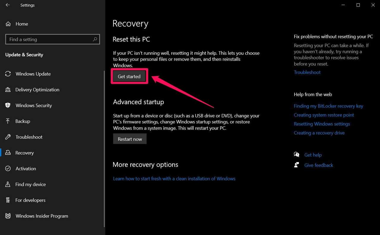 The Settings app's "Recovery" page on Windows, with the "Get Started" option highlighted in the "Reset this PC" section.