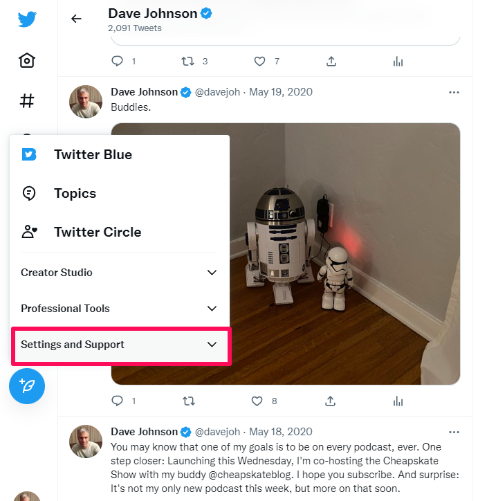 The Twitter menu in Chrome.