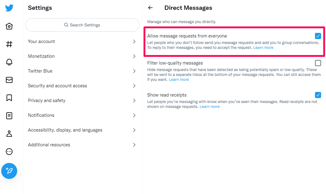 Twitter’s DM options in Chrome.