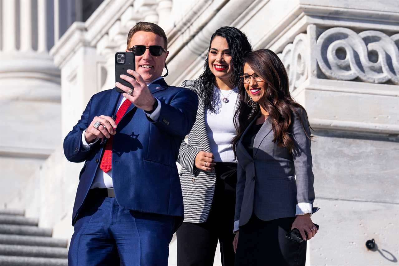 Rep. Pat Fallon takes selfie with Reps. Mayra Flores, R-Texas, and Lauren Boebert, R-Colo., by the US Capitol.