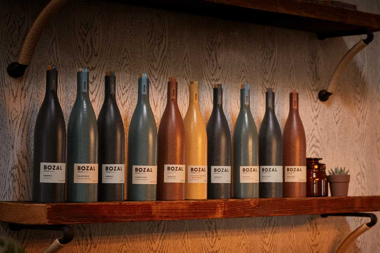 Colorful ceramic bottles of Bozal mezcal