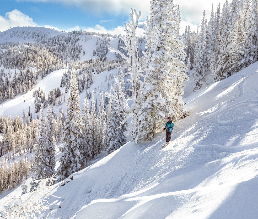 Skier standing midway down a run at Mission Ridge Ski & Board Resort