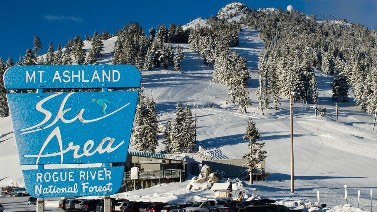 Sign and Mountain at Mt. Ashland Ski Area in Oregon