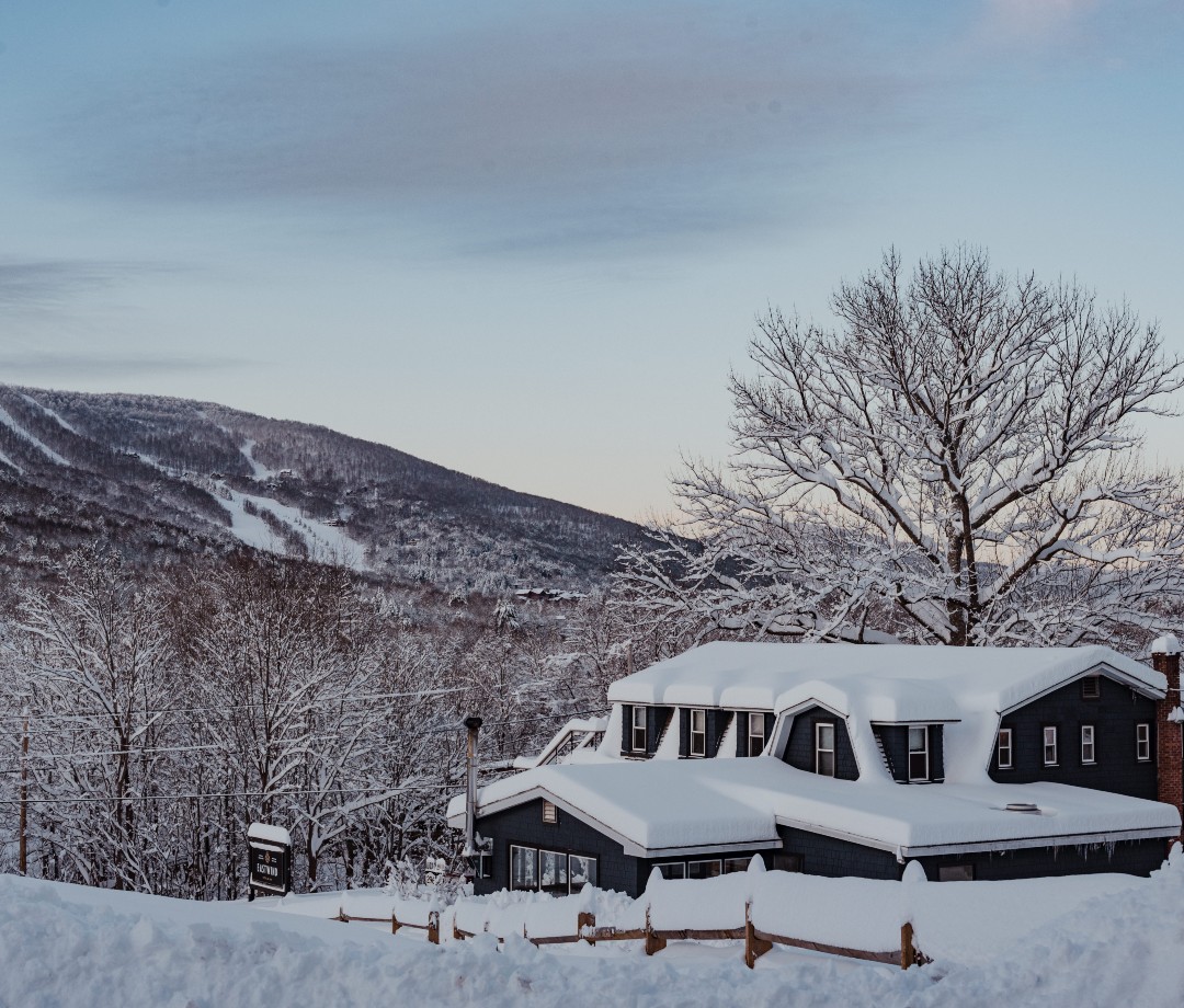 Snowy exterior of hotel