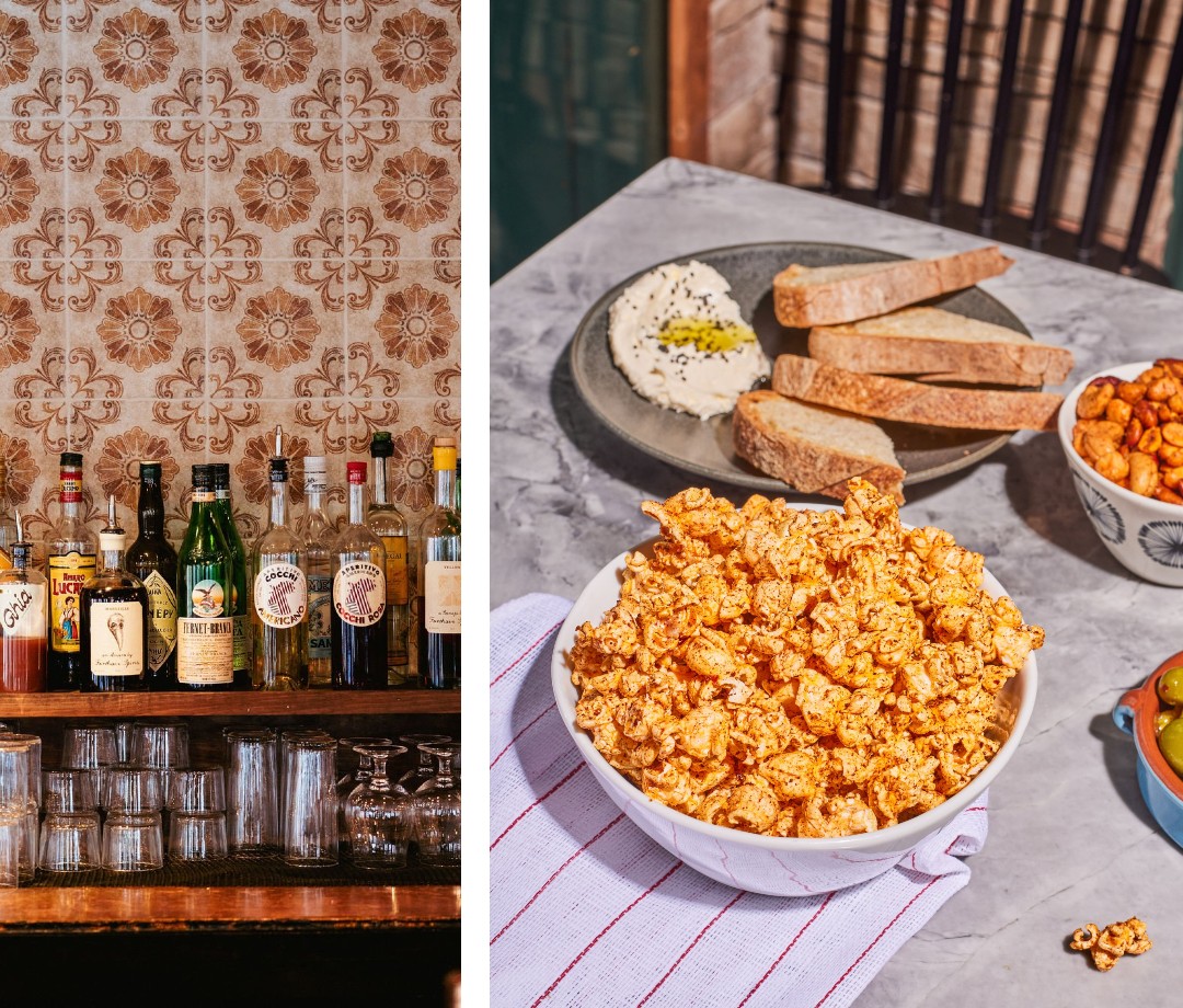 Popcorn, bread and hummus, and bottles of liquor on shelf