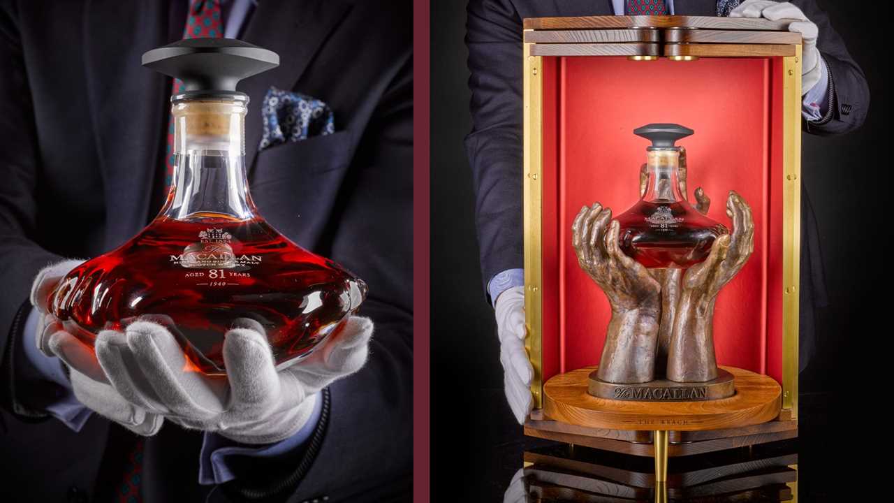 Bottle of Macallan 81-Year-Old Single Malt being handled with gloves and presented at auction