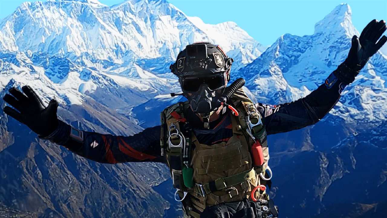 Mike Sarraille in skydiving gear in the Himalayas.