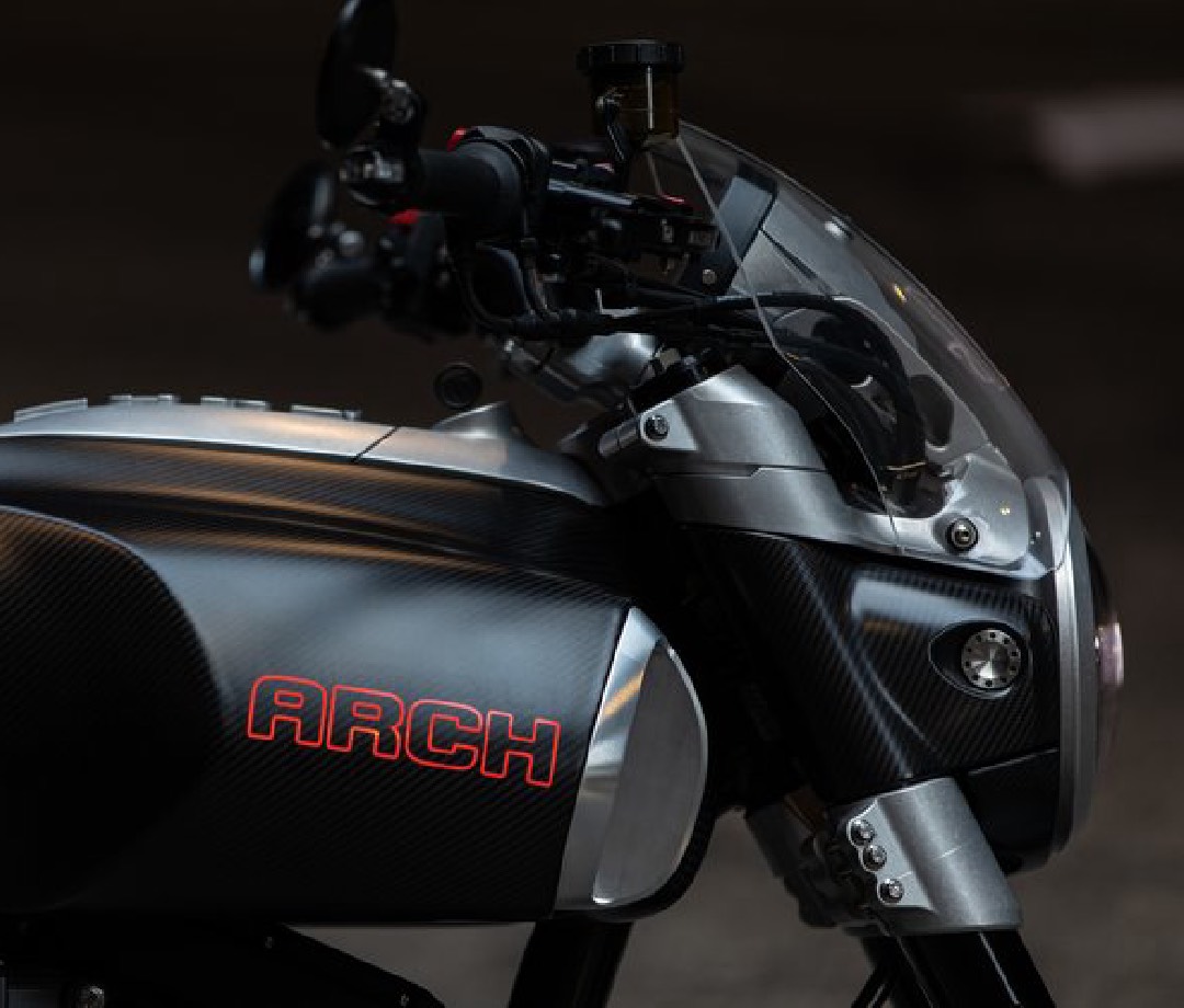 Side view of the front of a modern sport cruiser motorcycle from Arch