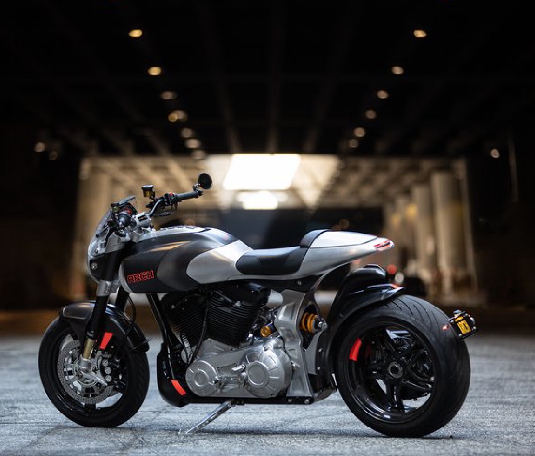 Side view of an Arch 1s modern sport cruiser motorcycle with an industrial background.