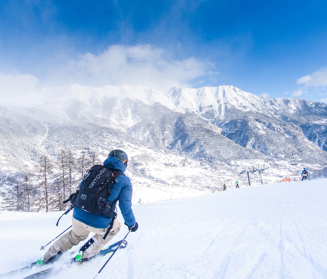 Skier on mild slope in the alps.