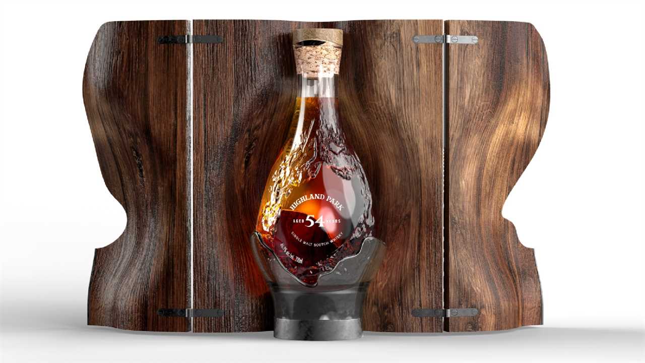 Bottle of Highland Park 54 Year Old Scotch in bespoke wooden box