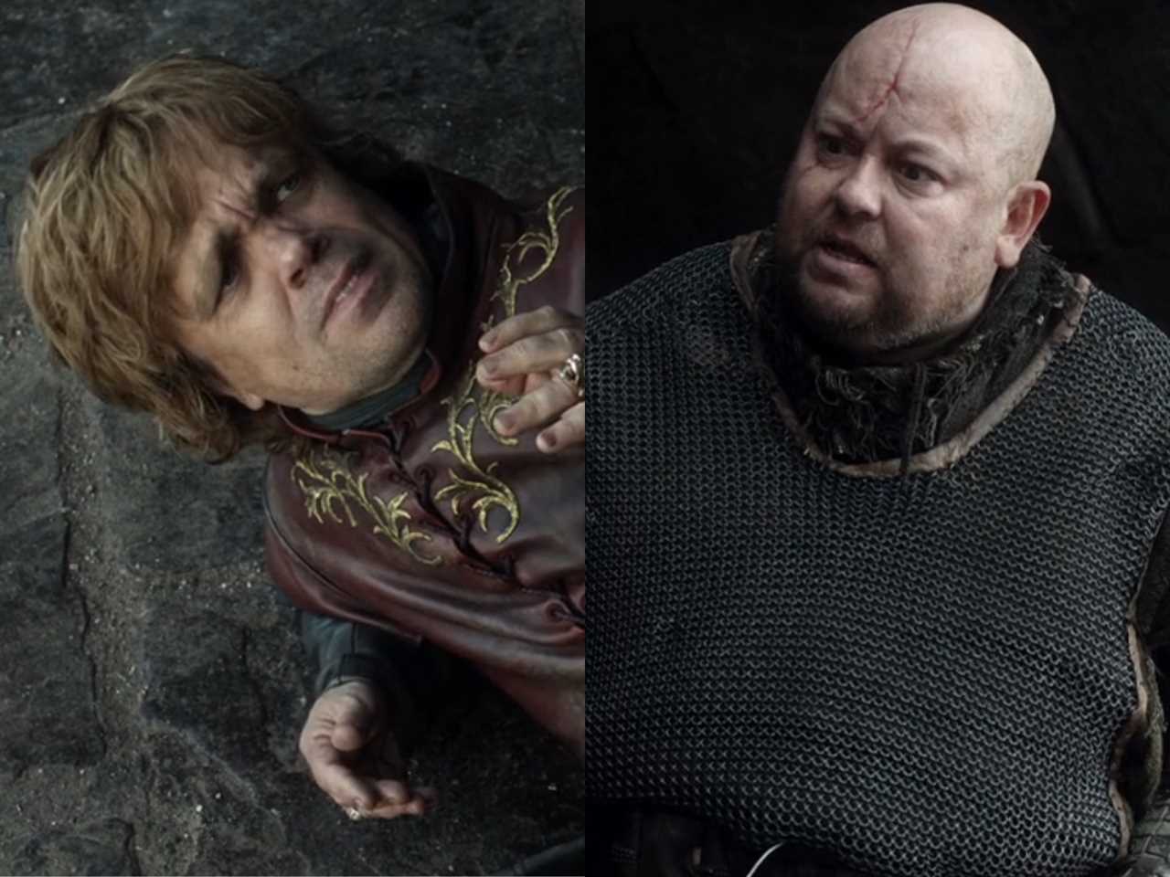 left: peter dinklage as tyrion lanister looking up incredulously from the ground; right: mord the jailer, a bald man with a scar over his left eye, with a shocked expression