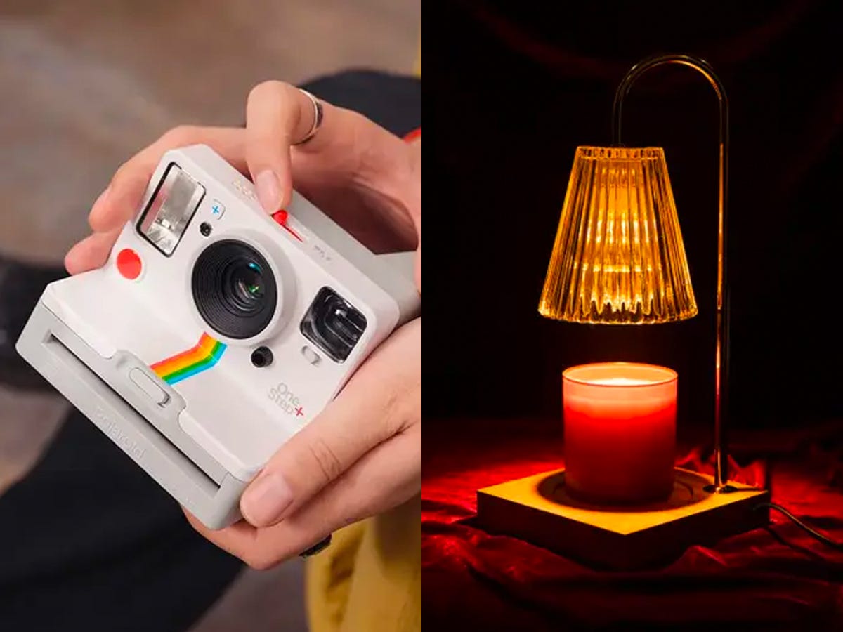 Side by side images of gifts for girlfriends. On the left, a person pushes a button on a Polaroid camera. On the right, a lamp that melts the wax on a candle set in a dark room.