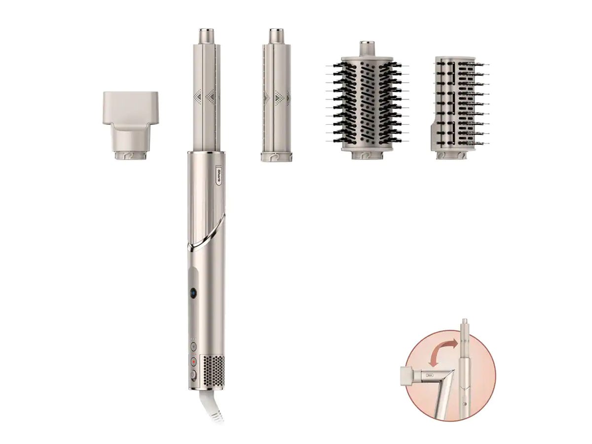 The Shark FlexStyle, the best Dyson Airwrap dupe in 2023, and its attachments laid out on a white background.