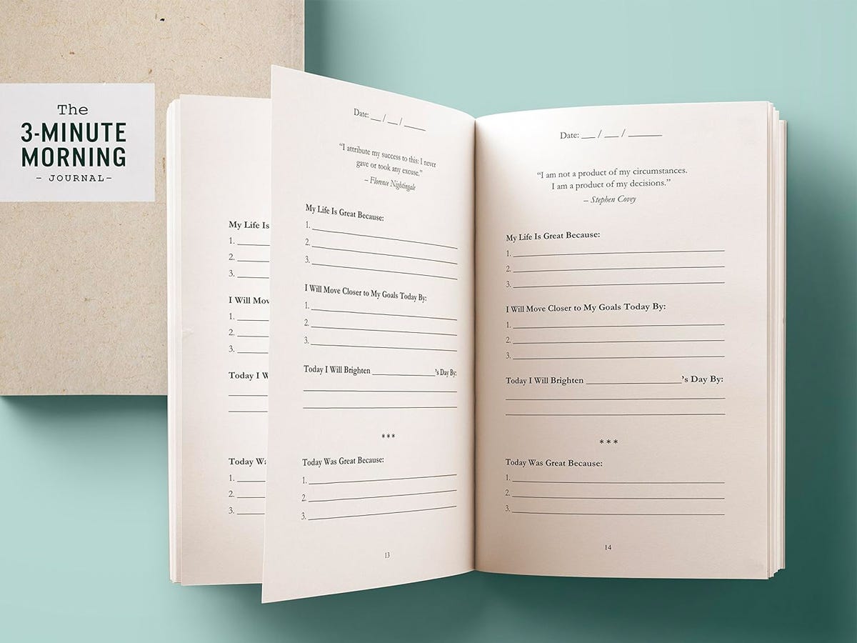 Autumn Creek Press "3-Minute Morning Journal: Intentions & Reflections For a Powerful Life" open to show prompts on the interior pages.