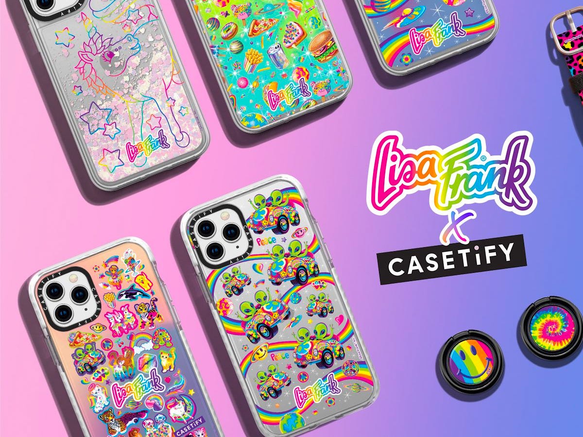 Lisa Frank x CASETiFY Phone Cases in bright colors with rainbow illustrations.
