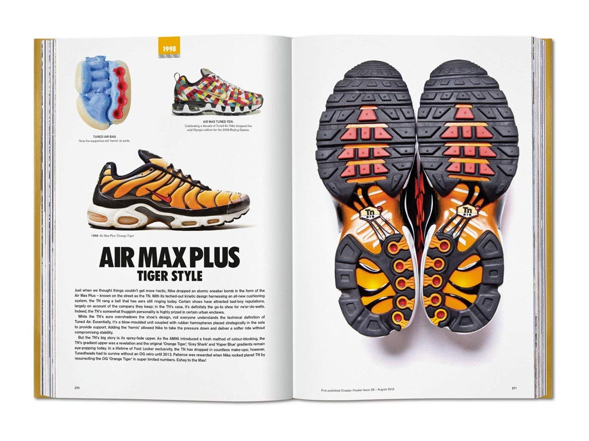 Interior pages of the "Sneaker Freaker: The Ultimate Sneaker Book" by Simon Wood, showing specs of the Air Max Plus Tiger Style sneakers.