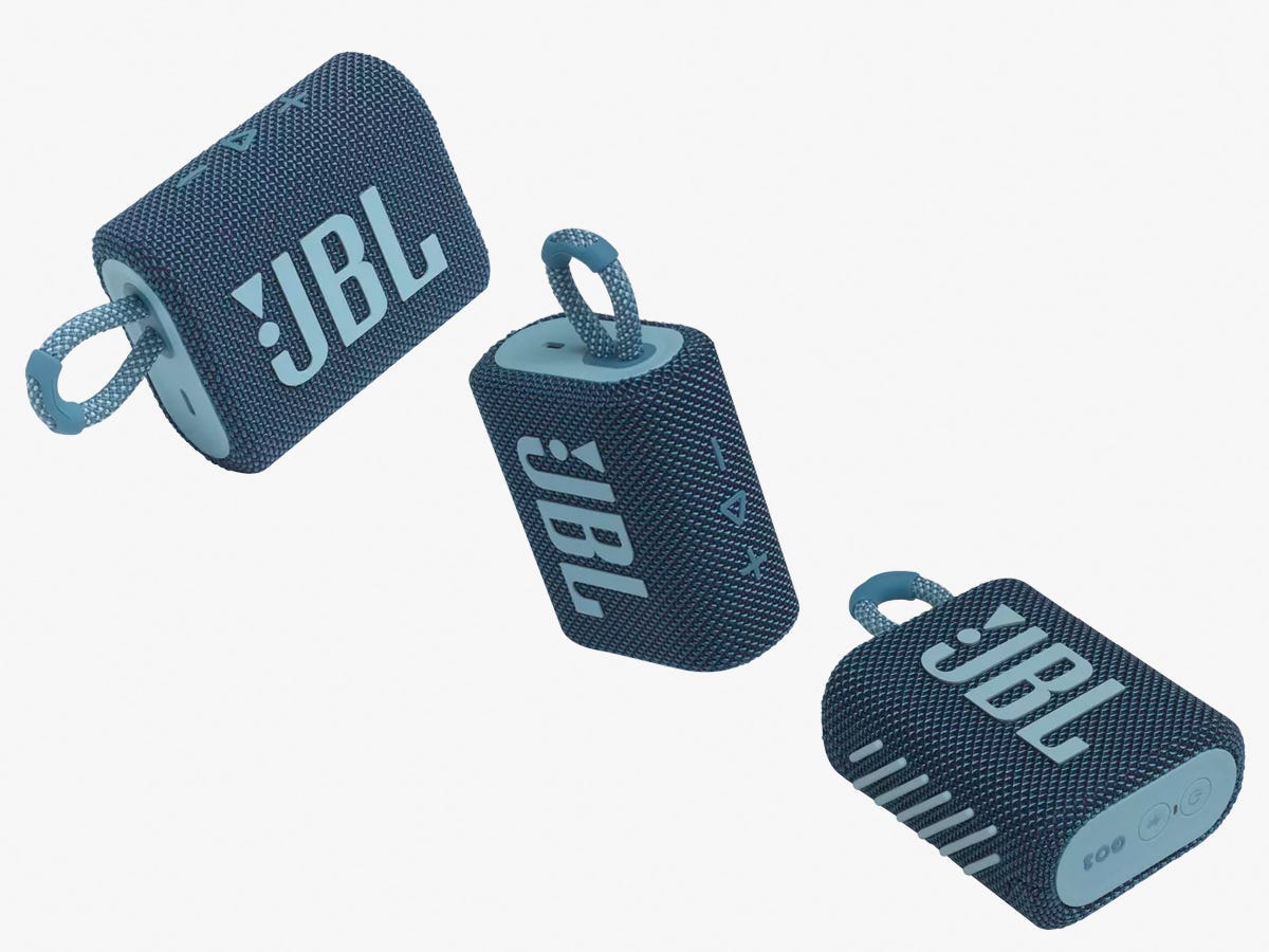 Three JBL Go 3 Portable Waterproof Bluetooth Speakers shown at different angles on a gray background.