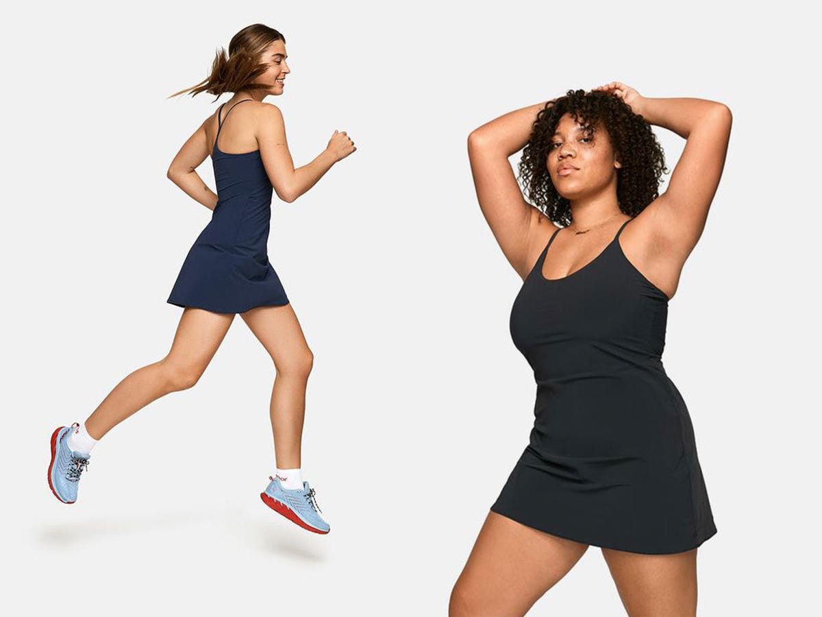 Two models wearing the Outdoor Voices exercise dress.