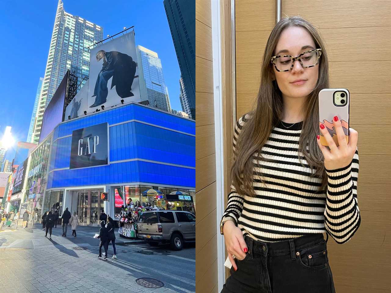 composite image of Gap store in Times Square and the author taking a mirror selfie in a fitting room