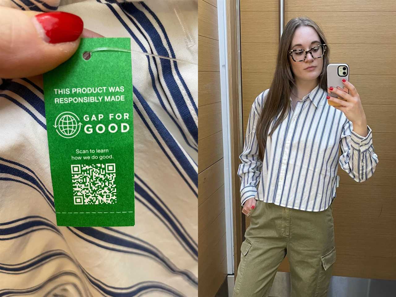 composite image of a green hang tag on a shirt and the author taking a mirror selfie in a fitting room