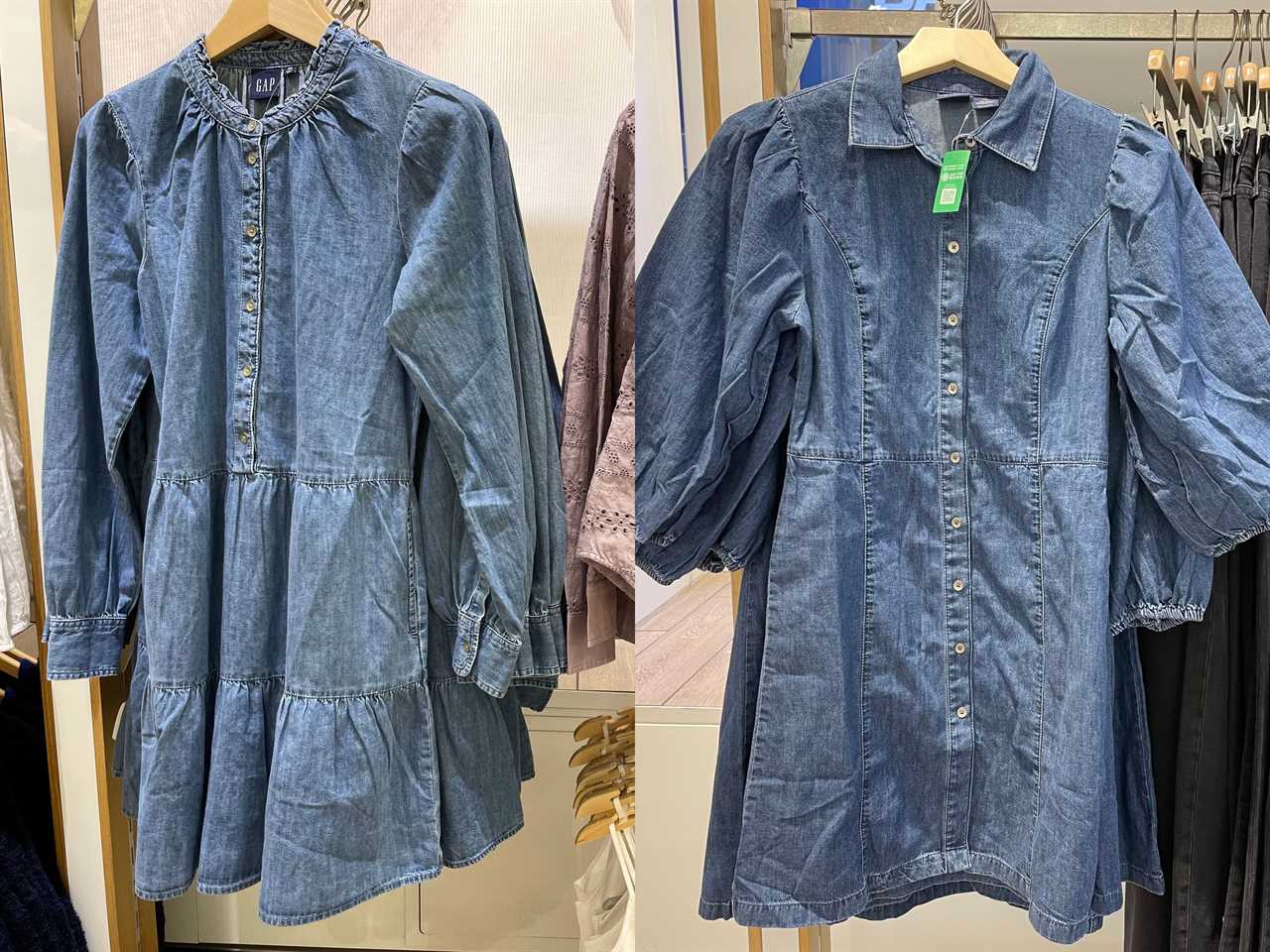 composite image of two denim dresses at Gap