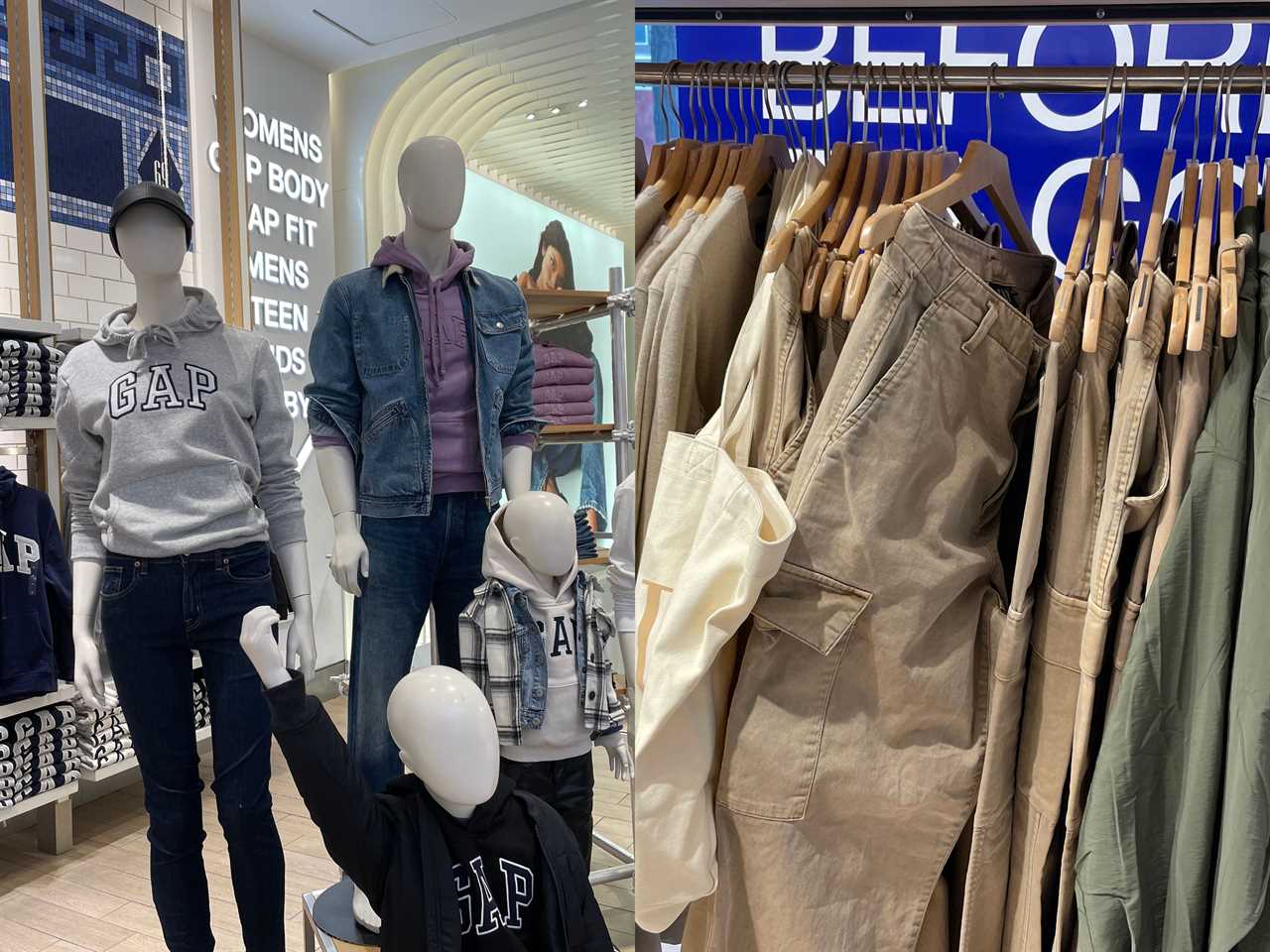 composite image of mannequins in Gap store and cargo pants hanging on a rack