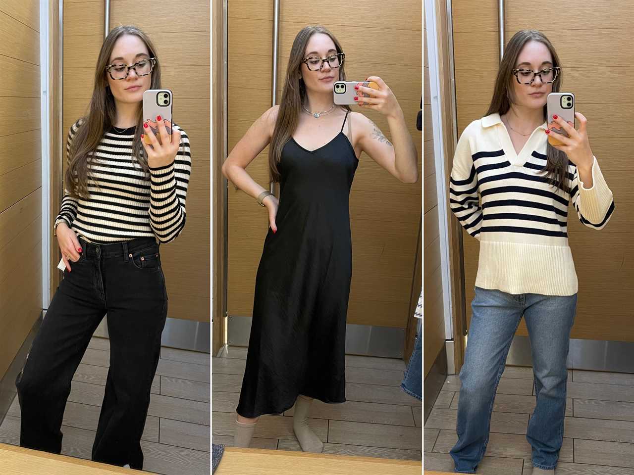 composite image of the author trying on three outfits in a Gap fitting room