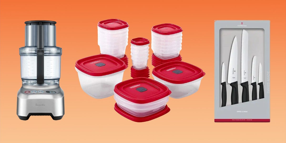 A food processor, assorted Rubbermaid plastic containers, and a knife set in a box against an orange gradient background.