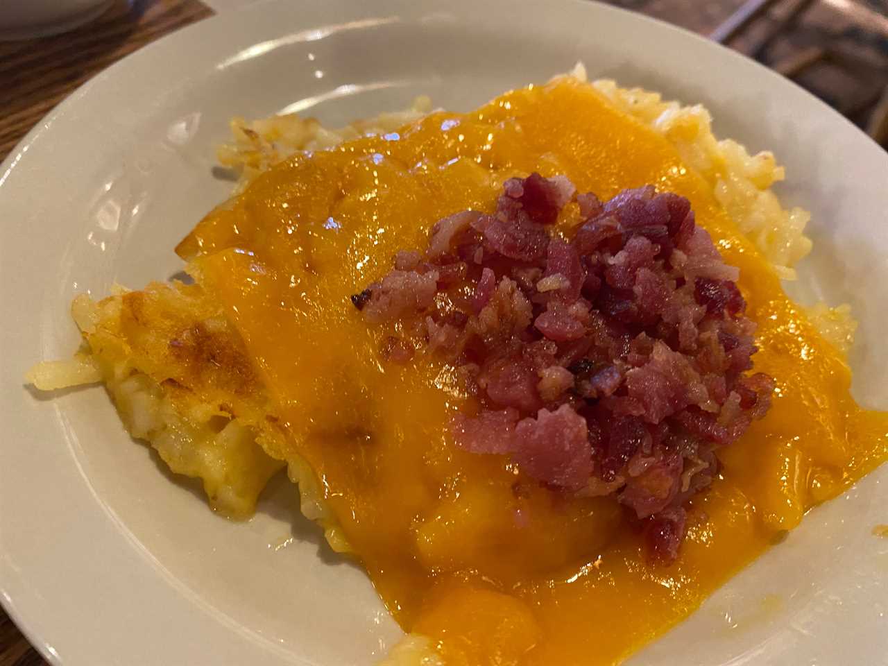 plate of loaded hashbrown casserole at cracker barrel