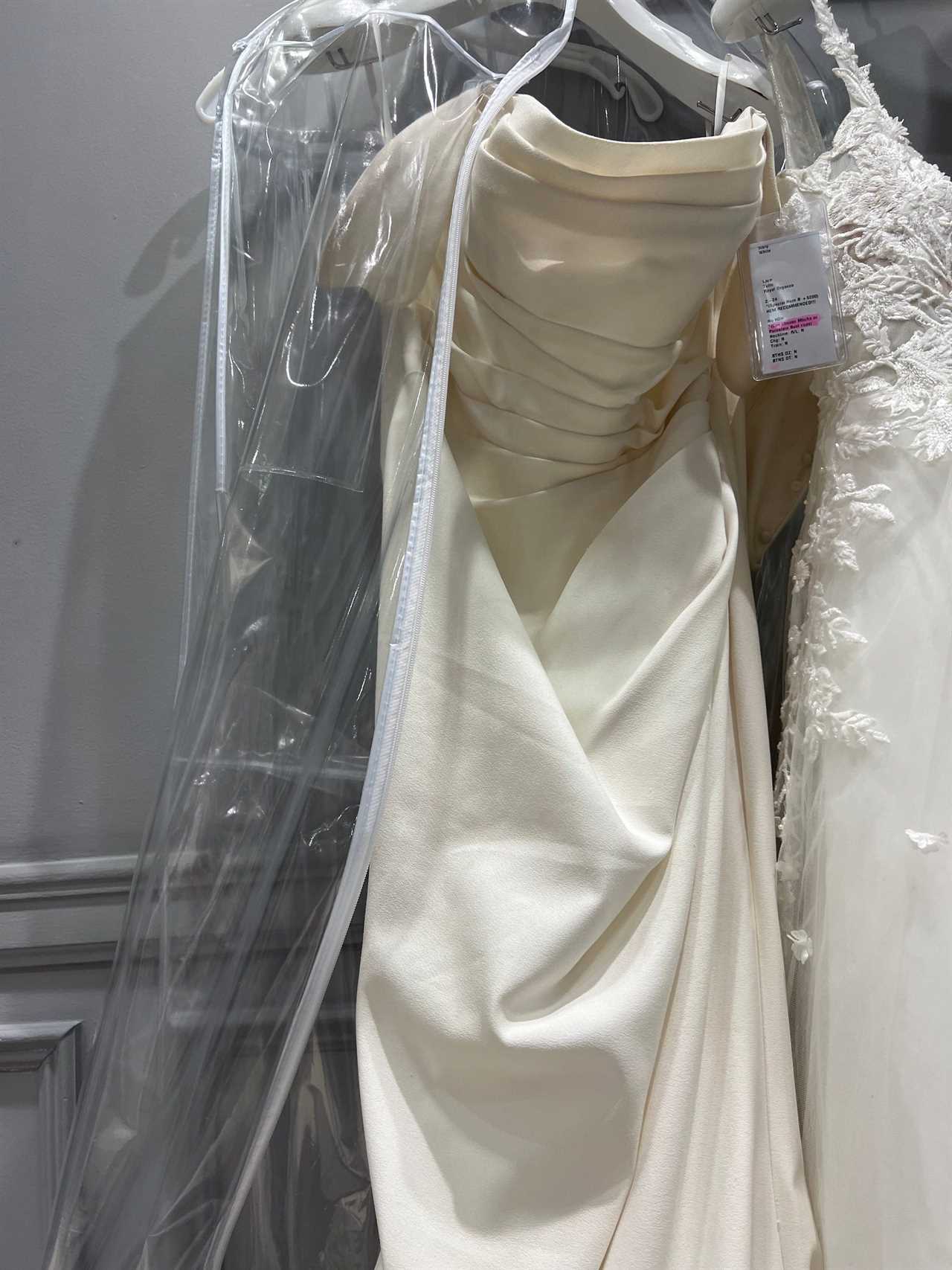 A wedding dress sits on a hanger.