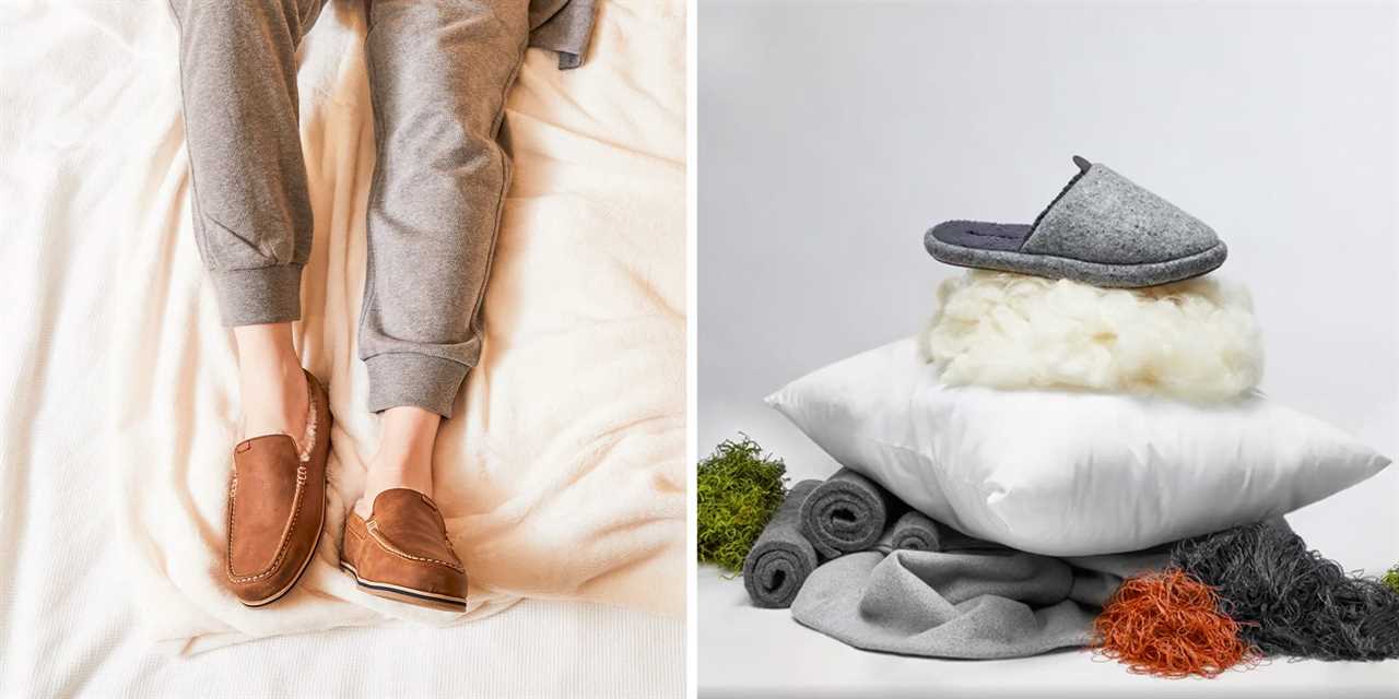 Side by side of a person's legs shown wearing Hari Mari Hacienda LX slippers and the Allbirds Wool Dweller slipper atop a pillow and a blob of wool.