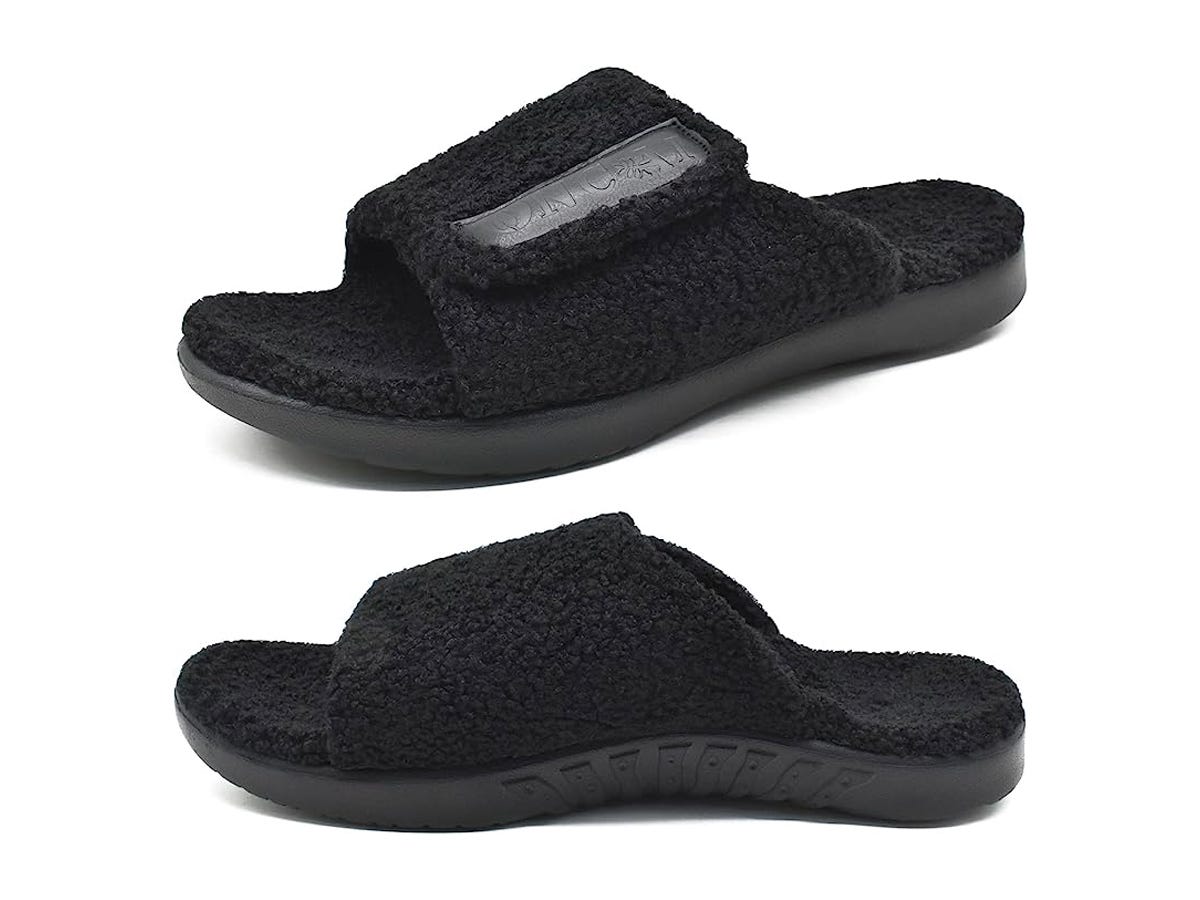 A front and side view of a black slipper.
